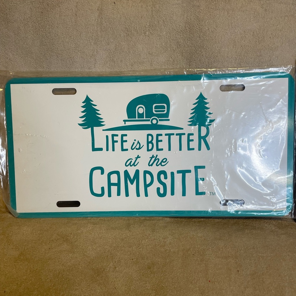 "Life is Better at the Campsite" Teal and White Camping License Plate